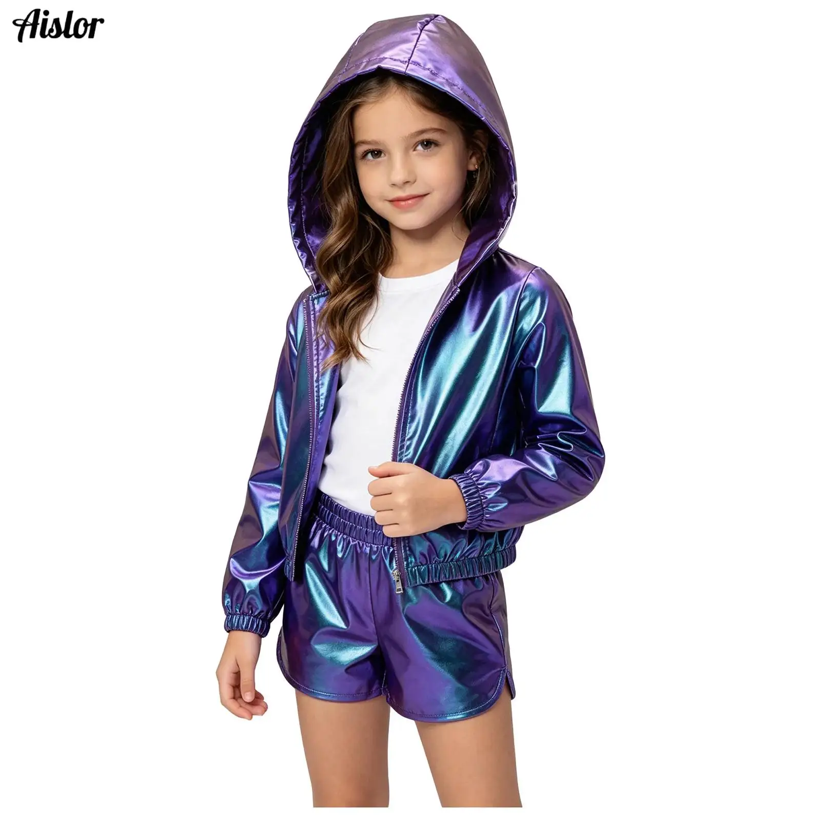 Kids Girls Metallic Hooded Jacket Long Sleeve Zipper Shiny Coat Outerwear for Hip Hop Disco Dance Stage Performance Daily Life