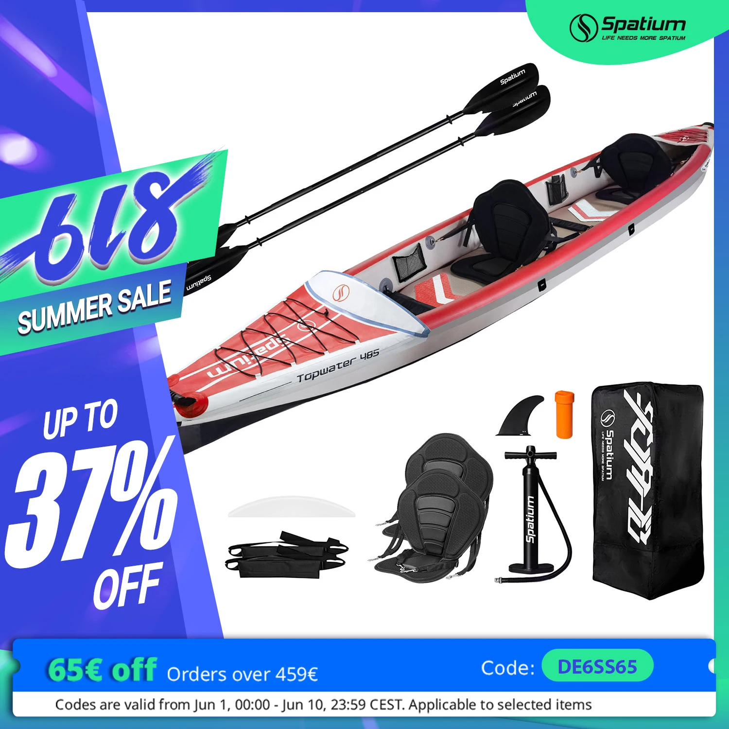 Kayak de pesca inflable Spatium para 1-2 personas: ligero y cómodo con asiento ajustable, kayak tándem, kayak sentado en la parte superior