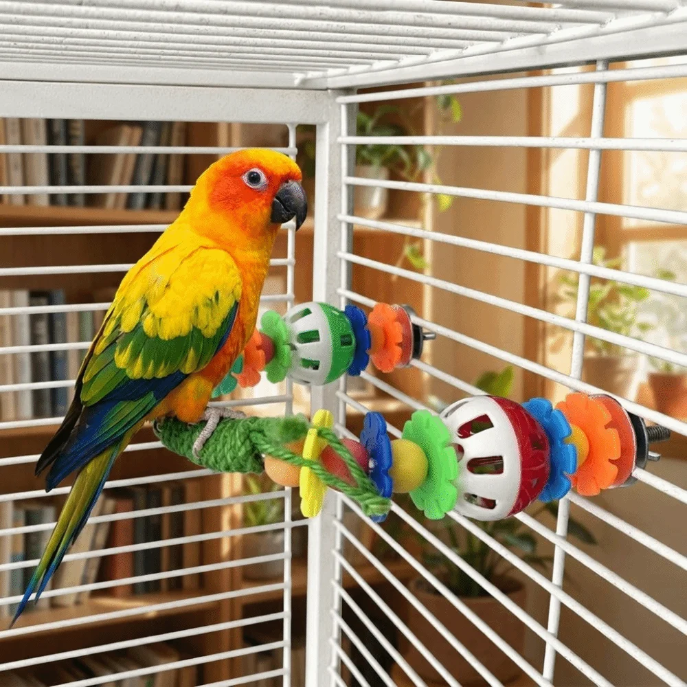 Bite Resistant Bird Perch Stand Wear Resistant Colorful Paw Grinding Sticks with Bell Plastic Parrot Swing Cage Accessory