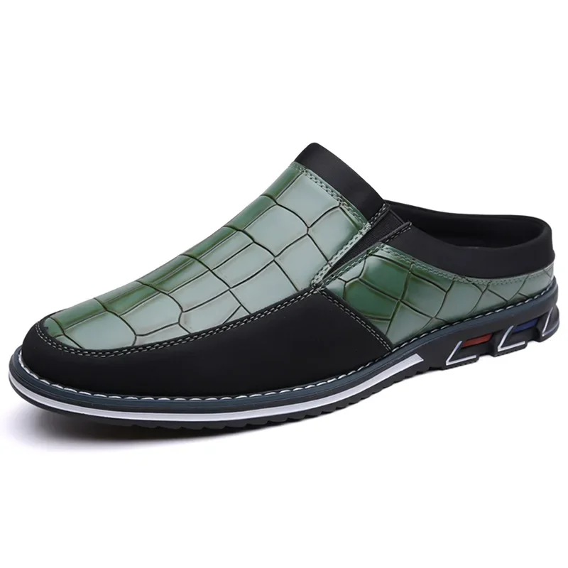 2025 Summer larger size 53 New Men's half slippers PU leather shoes without heels men's casual lazy slippers,Toe wrapped sandals