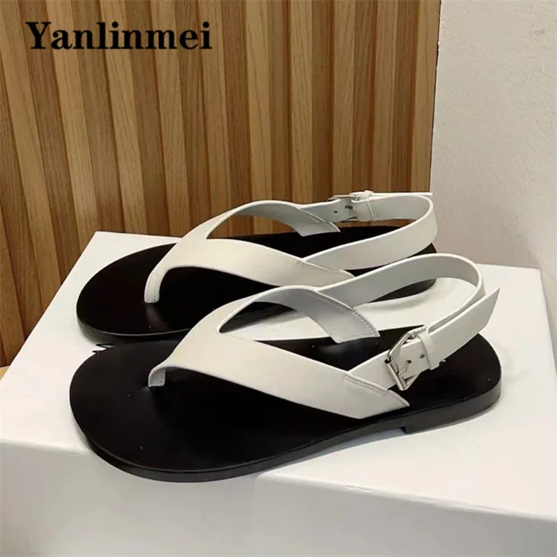 

Summer Flat Sandals Women Genuine Leather Flip-flops Buckle Strap Sandals Female Holiday Leisure Beach Shoes Woman Roman Sandals