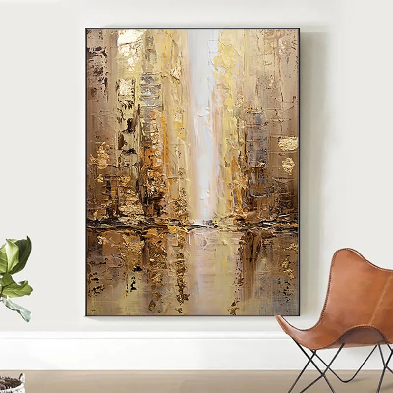 

Hand-Painted Textured Painting with Gold Foil, Landscape, Abstract Urban Architecture Wall Art Painting, Home Wall Decoration