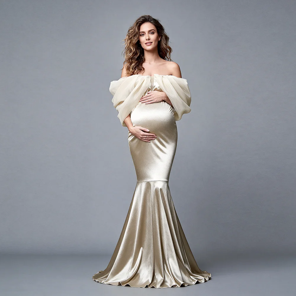 

Maternity Photoshoot Dresses Off-the-Shoulder Tulle Ruffle Maternity Mermaid Dress Baby Shower Dress for Pregnant Woman YW64232D