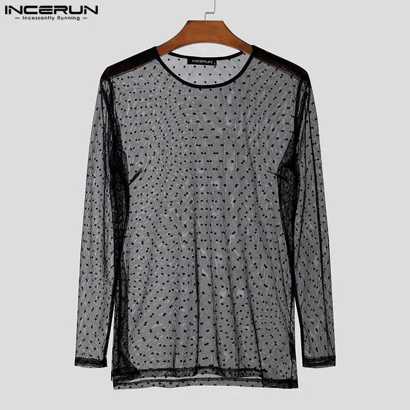 INCERUN Men T Shirt Polka Dot Printing Mesh Transparent O-neck Long Sleeve Men Clothing Streetwear 2024 Fashion Party Camisetas