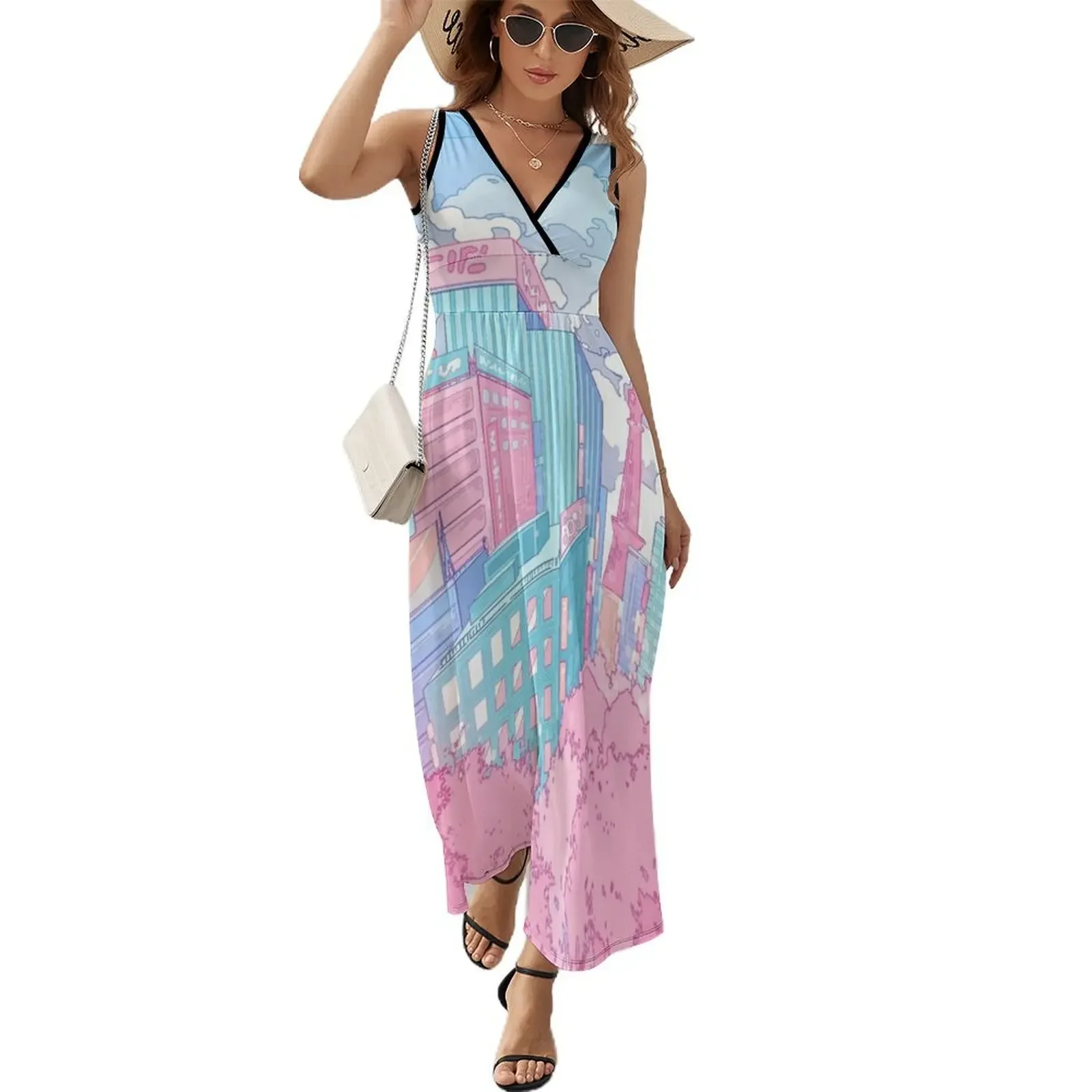 

The pastel Tokyo cityscape Sleeveless Dress evening dress woman dress summer 2024 women Women's summer dresses summer
