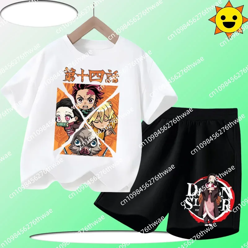 

New T-shirt Ghost Hunter Blade Summer Children's Short-Sleeved Set Boys and Girls Casual Shirt Shorts Cartoon Print 2 Pieces