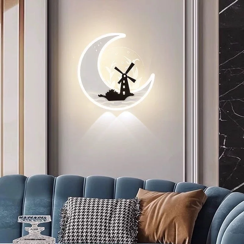 

Bedroom living room background wall light deer windmill swan couple pattern wall lamp open spotlight illumination light