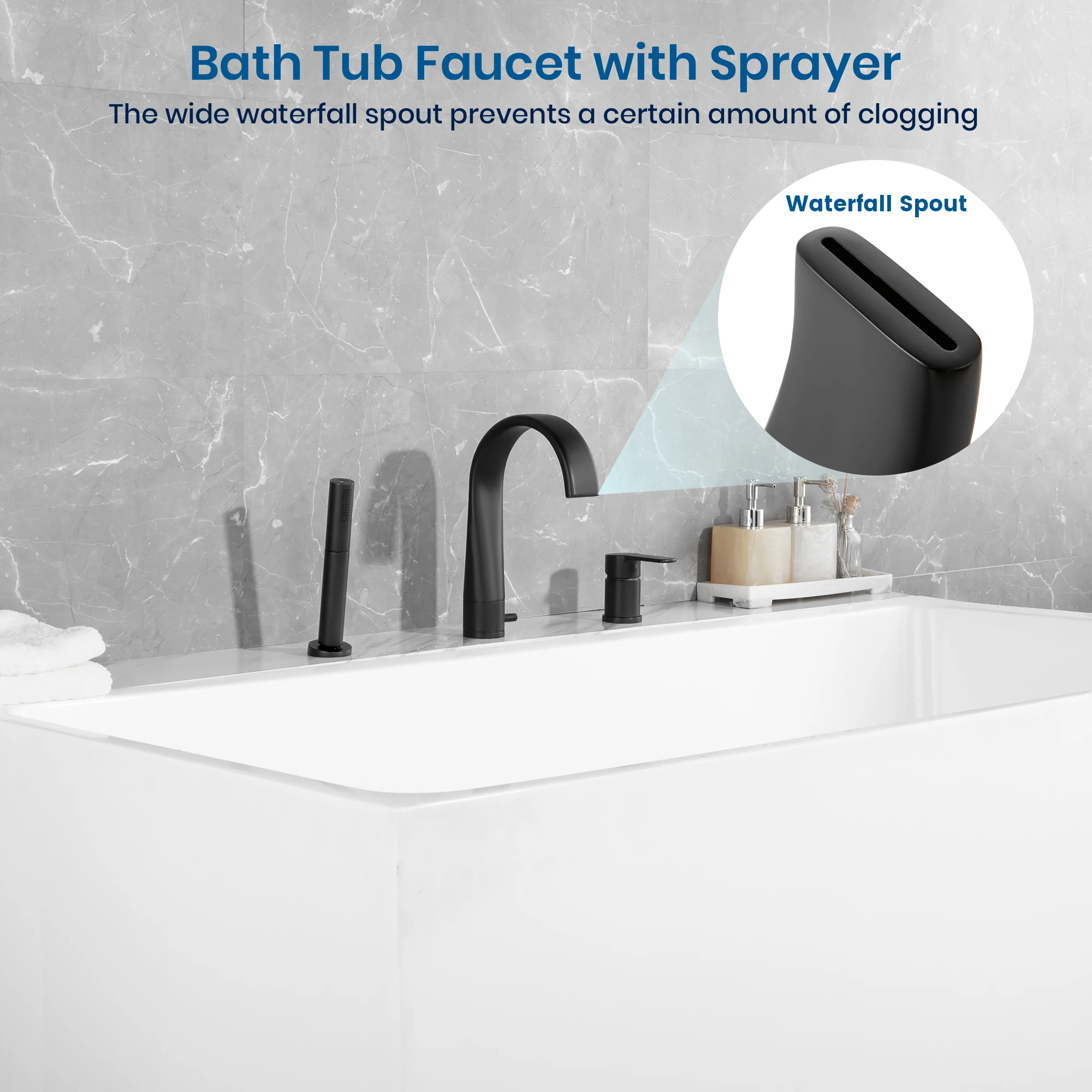 SKOWLL Simple Bathtub Split Faucet Three-Piece Set Waterfall Spout Hot and Cold Water Mixing Pull-Out Dual-Function Handheld