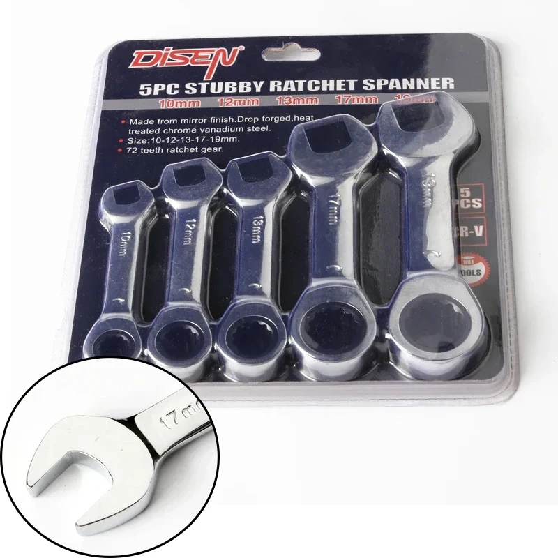 5Pcs 10-19mm 72 Tooth CRV Quick Open Reversible Combination Stubby Spanner  Short Handle Ratchet Socket Wrench  Auto Repair Tool