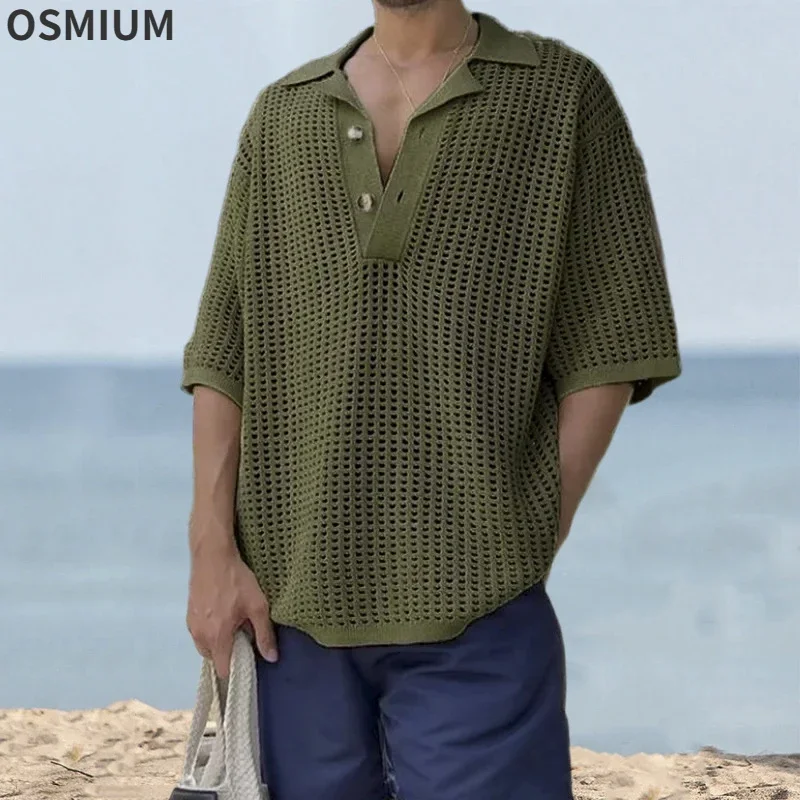 

Men Loose V-neck Hollow Out Green Knit Top Plus Size Knitwear Boys Sweater Summer Khaki Short Sleeve Pullovers Oversize Xxxl