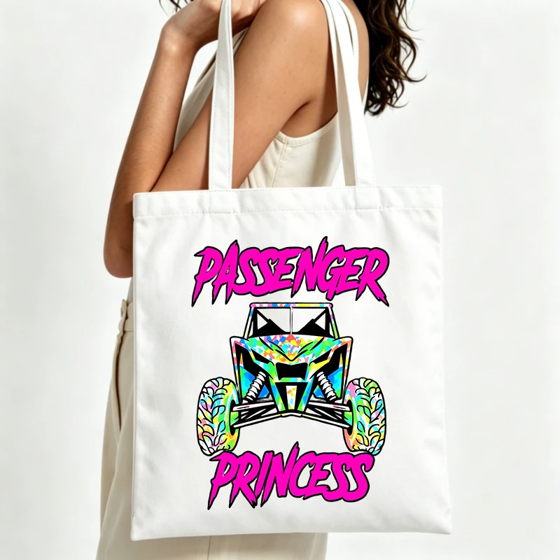 off-road vehicle graphic canvas tote bag with typography print, ideal for casual daily use and weekend outings