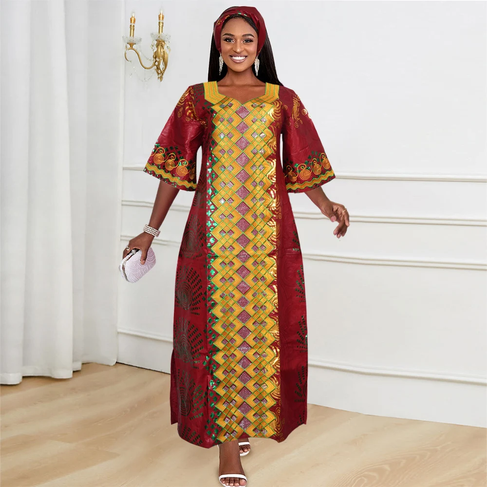 H&D New African Dresses For Women Embroidery Bazin Dresses Ankara Rich Long Robes Gold stamping Party Tradition Wedding Ramadan