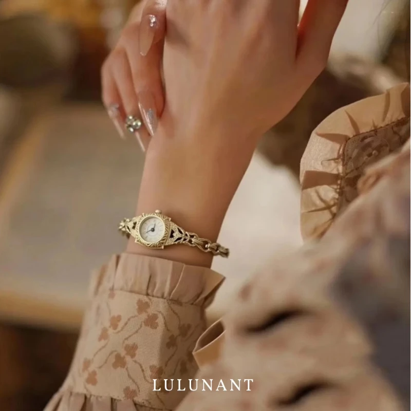 Medieval Vintage Women Watch Japanese Quartz Oval Carving Bracelet 18K Brass Fine Watch for Women