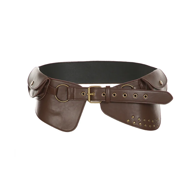 حزام خصر من الجلد الصناعي البني بتصميم عتيق للنساء، أحزمة ملابس كاجوال عصرية للحفلات مع ملحقات الجيب