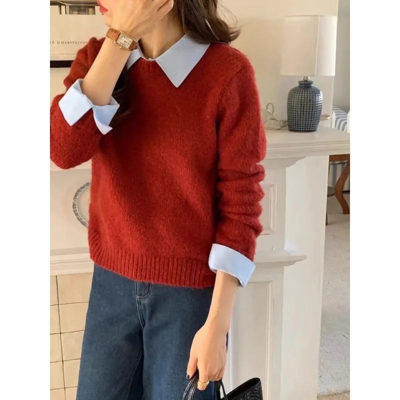 2024 جديد المرقعة قميص طوق متماسكة سترة الخريف والشتاء قاع قميص مزاجه وهمية قطعتين البلوز العلوي