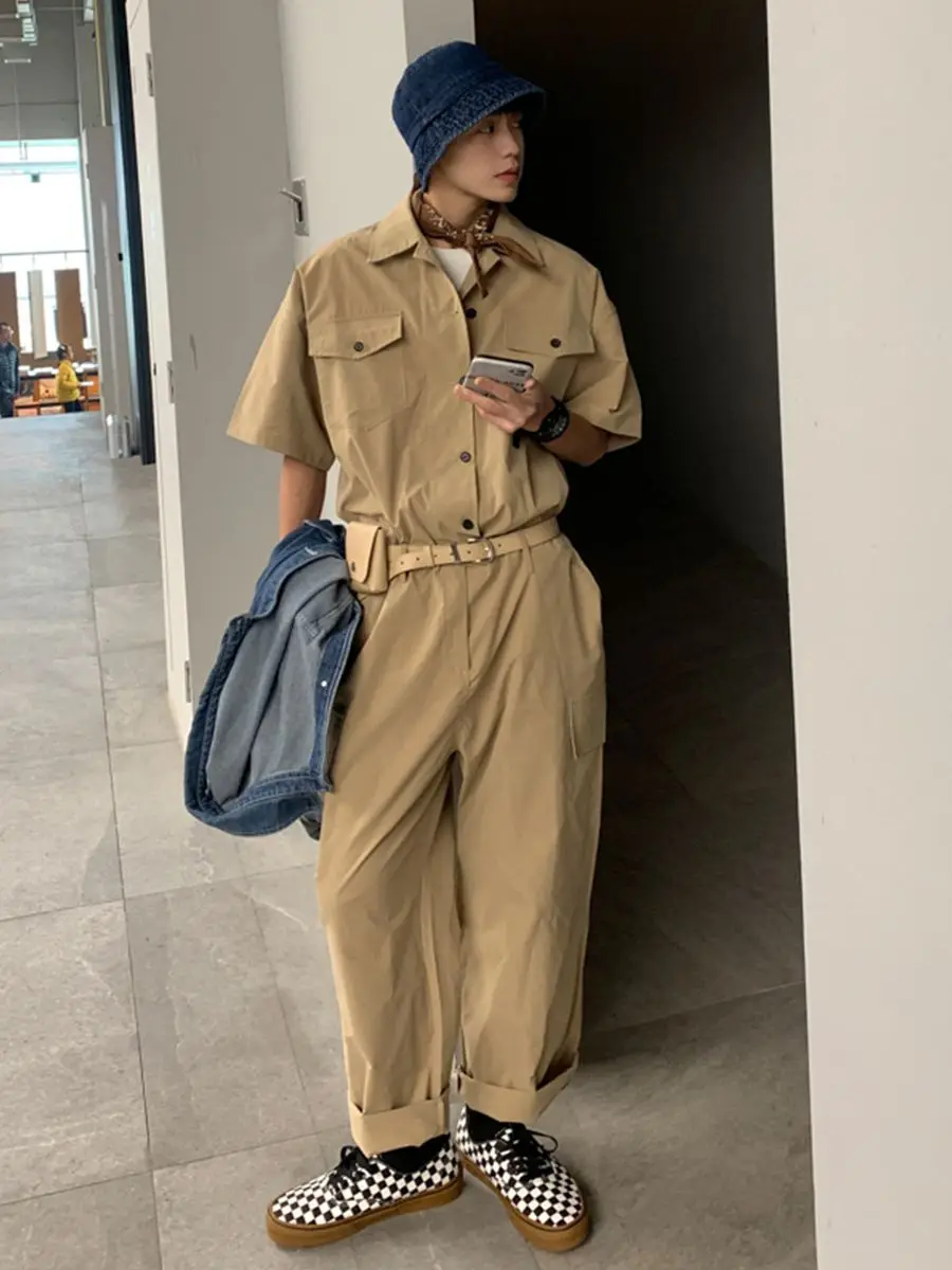 

Модный мужской комбинезон: комплект из рубашки с длинным рукавом и брюк, поясная сумка, рабочая одежда, бренд Tagkita, летняя коллекция