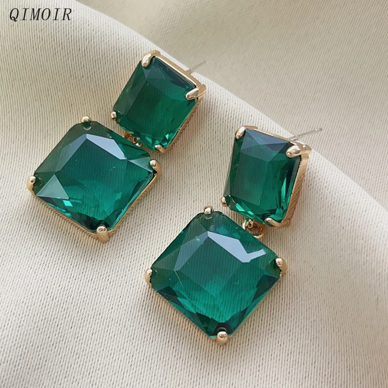 Square Metal Green Crystal Glass Dangle Post Earrings For Women Fashion Jewelry Elegant Party Accessories Fancy New Styles C1689