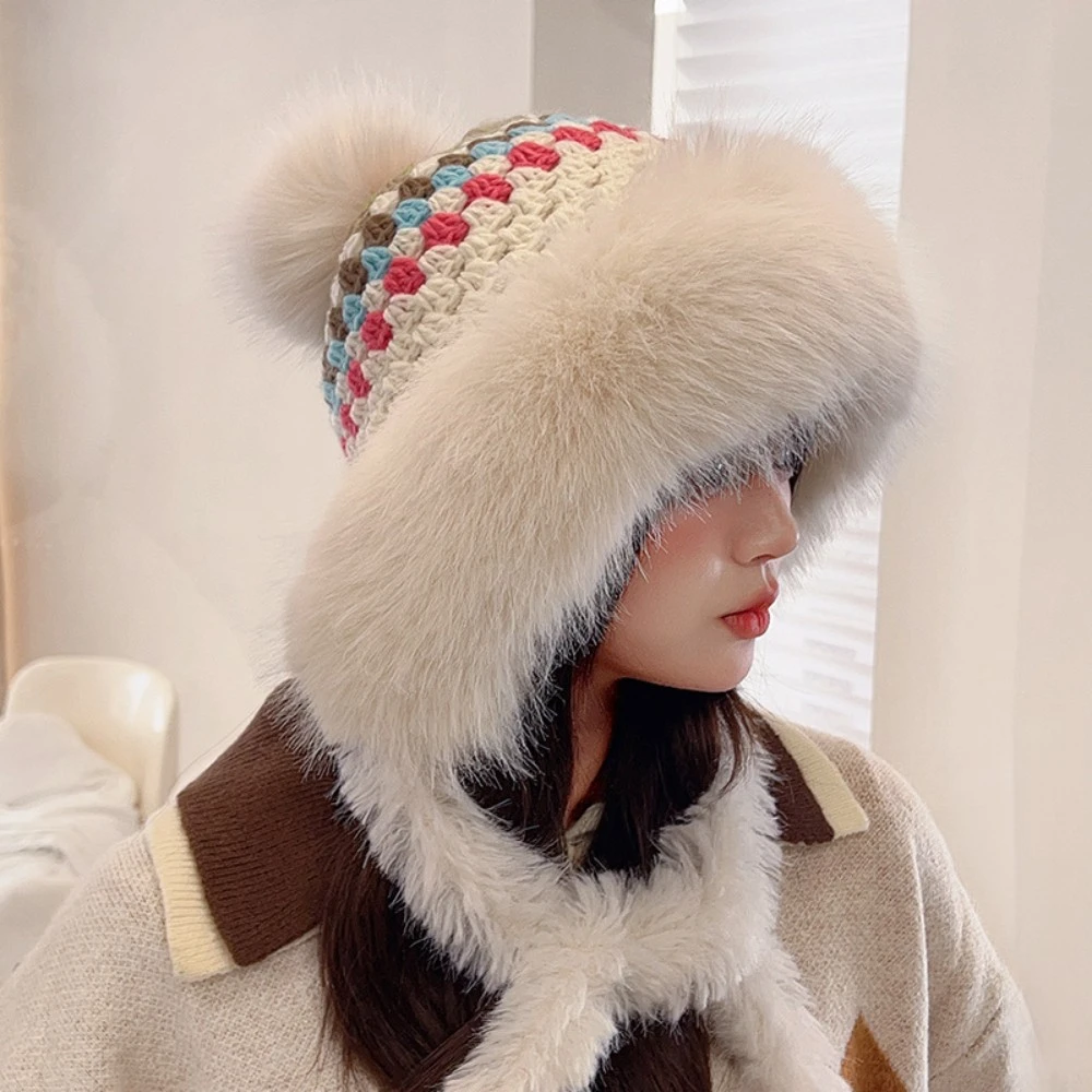 New Russian Hat Thick Warm Fluffy Fur Hat Women's Large Pom Pom Beanie Women's Knitted Snow Ski Hat Ear Flaps Knitted Hat