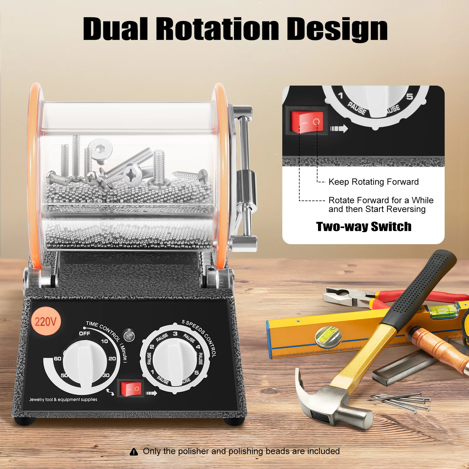 45W Jewelry Polishing Machine Kit, 3KG Capacity Polishing Machine, Adjustable Dual Rotation Jewelry Polisher with Polishing Bead