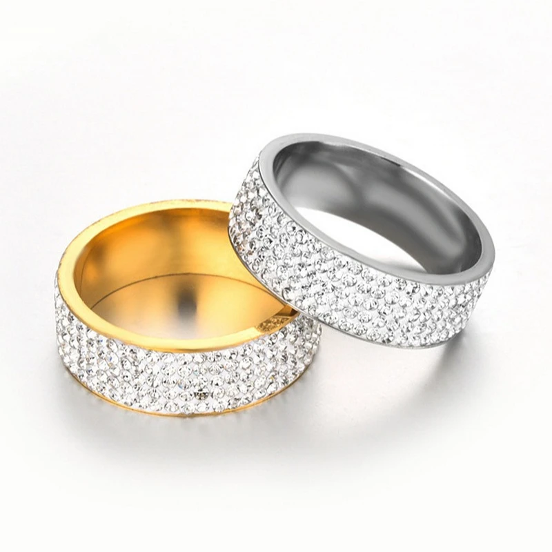 8mm Wide Five Rows Hip Hop Ring Full Rhinestone Shiny Rings Stainless Steel Gold Silver Color Ring for Women Men Jewelry