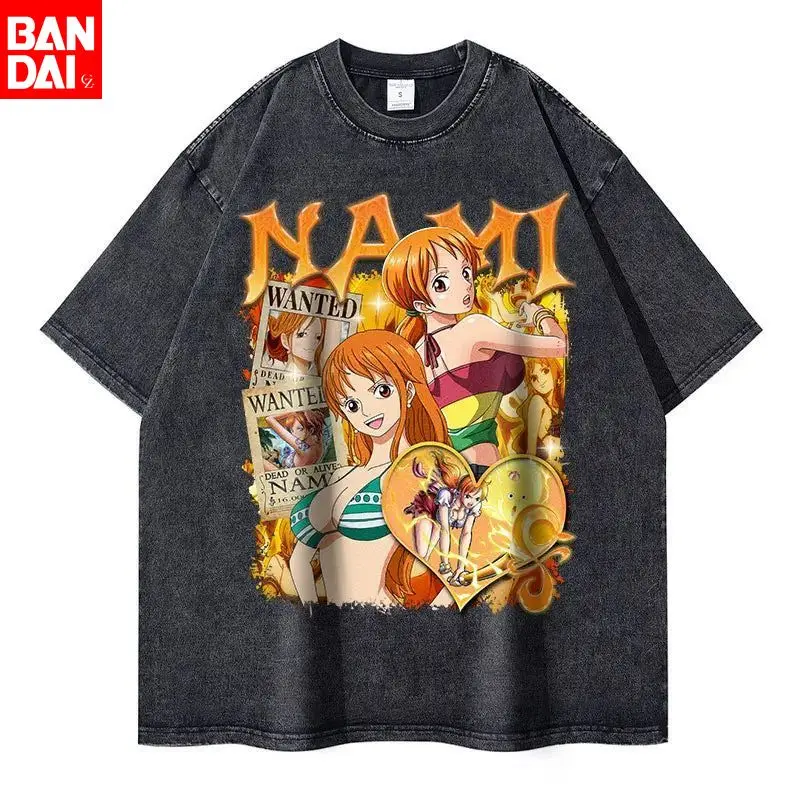 Camiseta de Hombre con Estampado Vintage de One Piece Nami en Múltiples Poses y Carteles de Búsqueda, Talla Grande, Color Negro, Verano 2026, Estilo Anime Streetwear