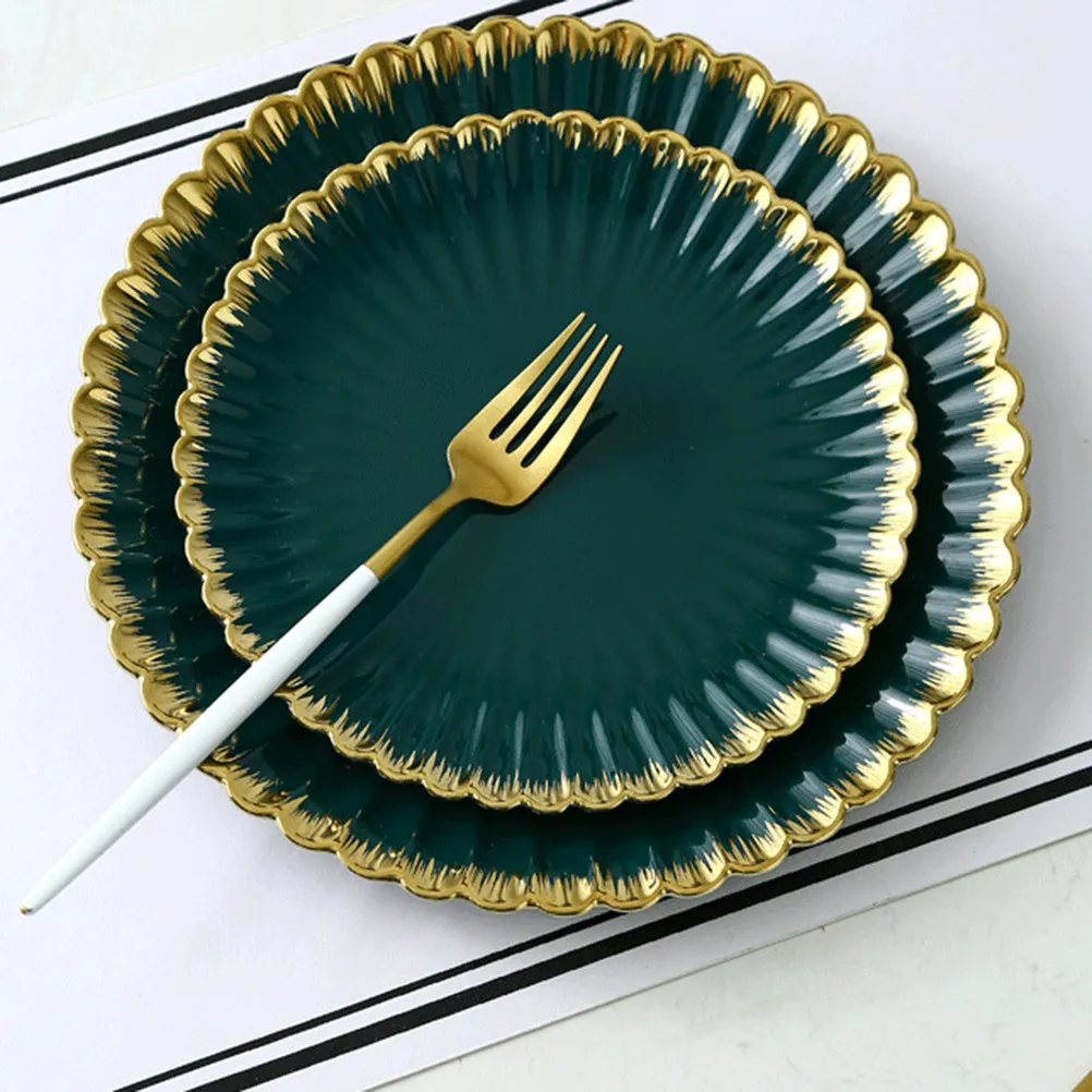 Creative Retro Dark Green Ceramic Plate Gold Chrysanthemum Design 26.5x26.5x3cm Round Porcelain Dish Stylish Steak Fruit Dinner