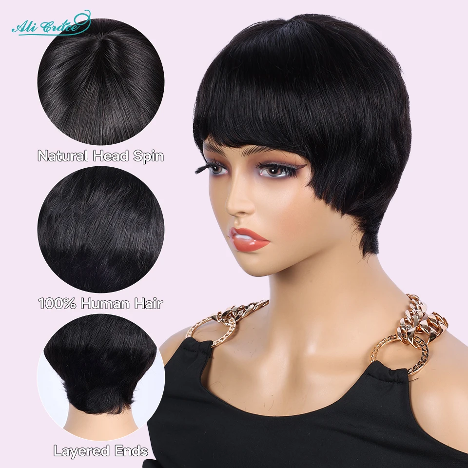 Short Bob Pixie Cut Wigs Straight Human Hair Machine Made Wigs With Bangs Brazilian Remy Hair Wig Ready To Go