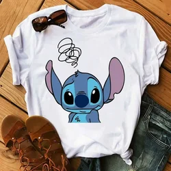 Top per coppia allentata con scollo tondo con stampa Stitch T-shirt bianca a maniche corte Disney 2022 nuove donne estive