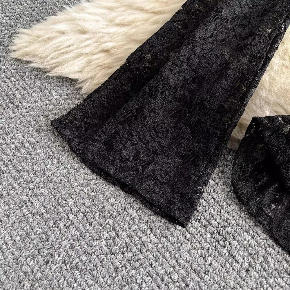 Sexy Hollowed Out Lace Pants High Waist Drape Fabric Straight Flared Pants Loose Wide Leg Shape Slimming Silhouette