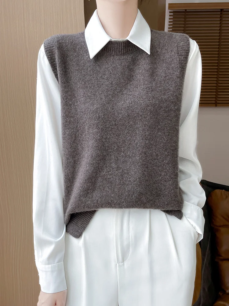 

100% Merino Wool Pulllover Vest Autumn Winter New Women Cashmere Knitwear Swearter O-neck Basic Staple Korean Style Waistcoats