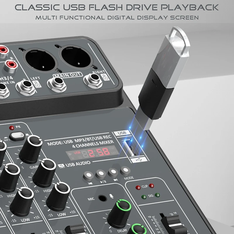 Professional Audio Mixer 4-channel Dj Mixing Console Met Bluetooth 48V Phantom Power Monitor Karaoke Systeem USB Mixer Audio