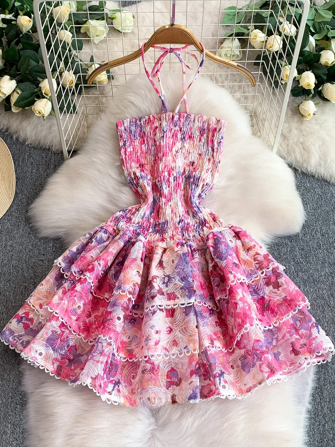 Falda acampanada de cintura alta con tirantes colgantes para mujer, falda acampanada con estampado de encaje elástico Retro, falda hinchada para hornear pasteles