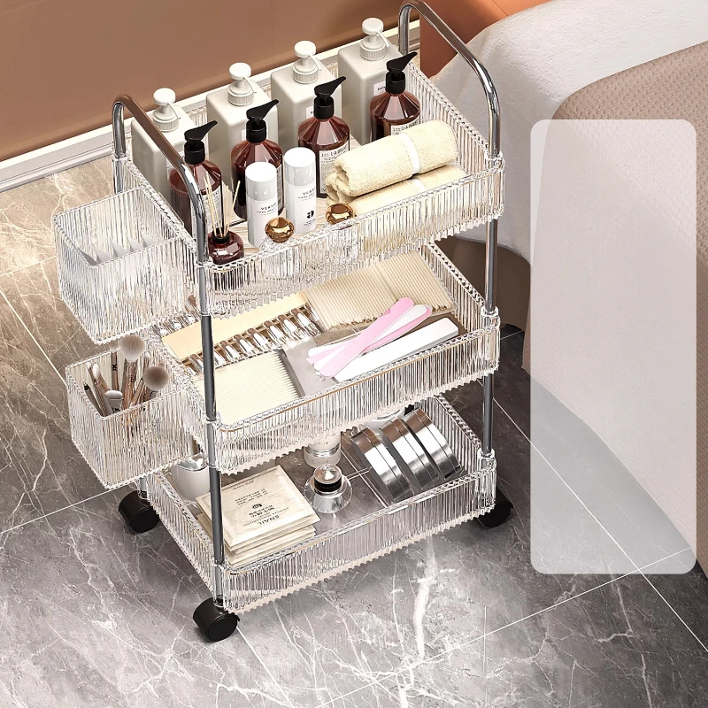 Cosmetic Trolley Transparent Iron Cart Auxiliary Professional Beauty Furniture Barber Aesthetic Tool Trolly Utility Transparent