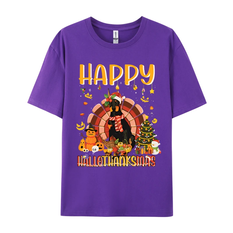 Happy Hallow Thanksmas T-shirt Men T Shirt Doberman Dog Funny Top T-shirts for Men Streetwear Mens Cotton Clothes