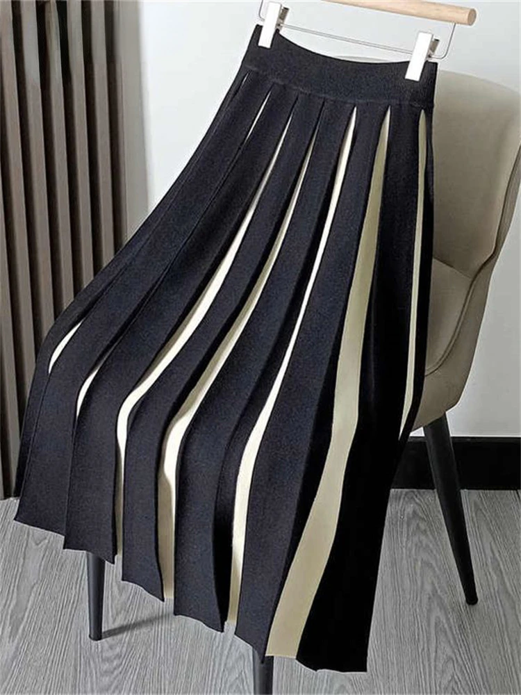 Dzianinowa plisowana spódnica damska jesień zima nowy wysoki stan kontrastowy kolor szykowna, w stylu Midi spódnica damska linia Y2k spódnica plisowana spódnica