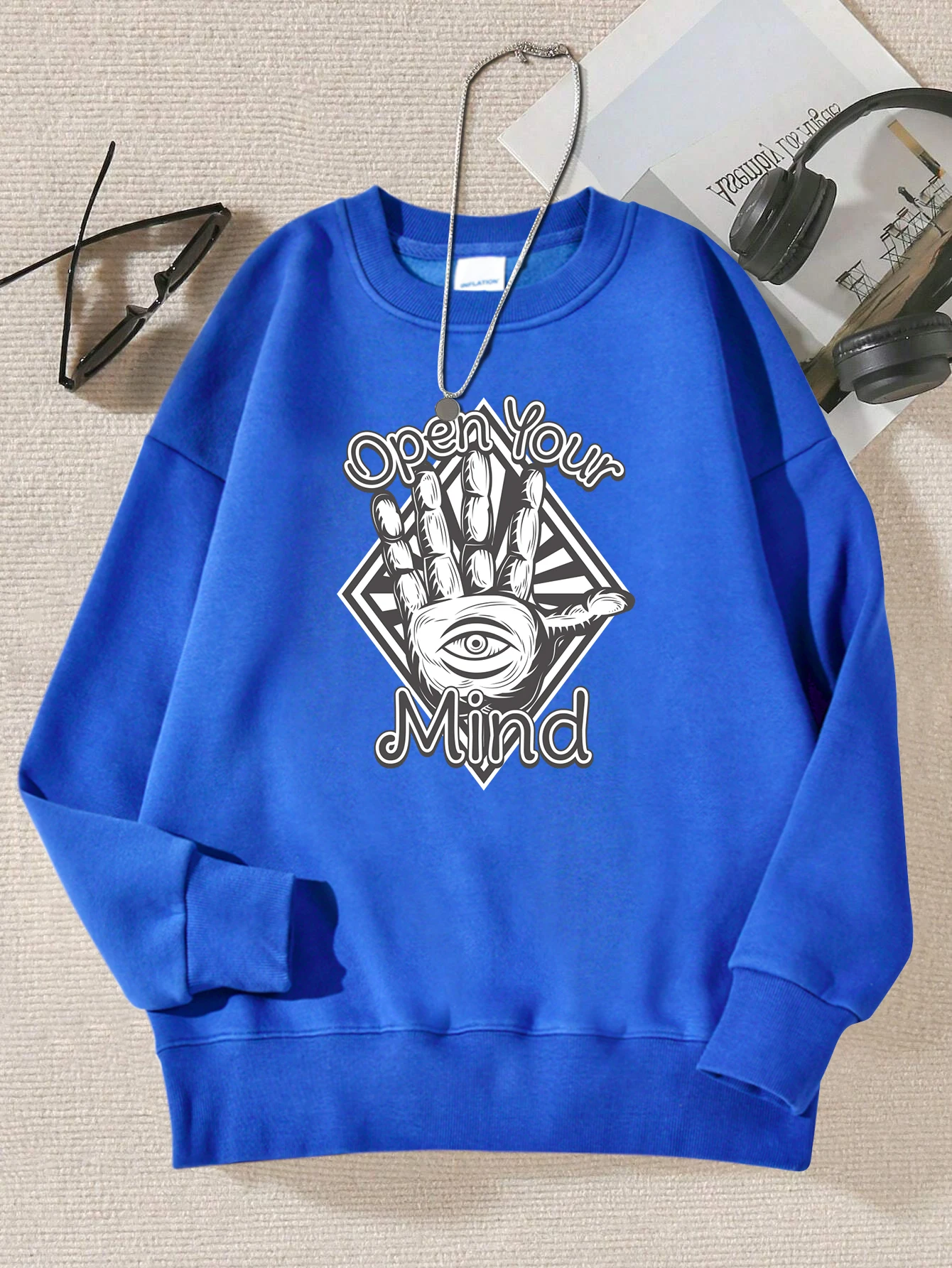 Open Your Mind Hand Design Female Sweatshirt Street Crewneck Streetwear Hipster Soft Pullovers Autumn Casual Womans Clothing