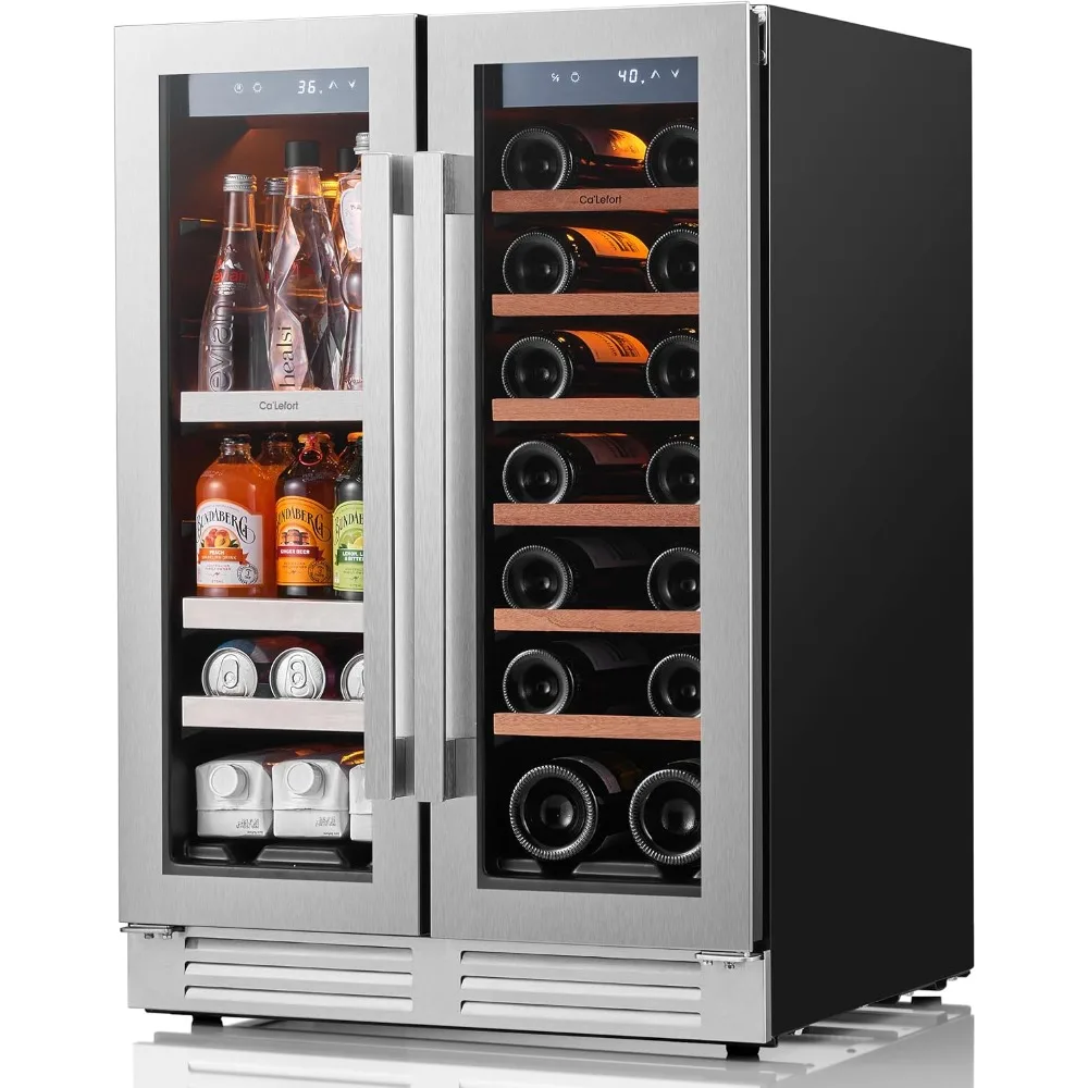 24 inch Dual Zone Drink Fridge with Glass Door, 3 Color LED Lights Wine Cooler for Beer Soda for Home Office Bar Bedroom