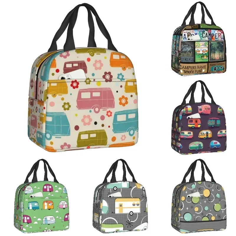 Colourful Vintage Caravans and Flowers Pattern Thermal Insulated Lunch Bags Women Happy Campers Portable Lunch Tote Food