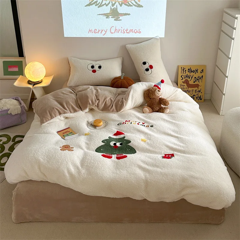 

Удобная молочная бархатная простыня из 4 предметов, съемная, машинная стирка, плюшевое одеяло высокого веса для девочек и мальчиков, рождественское постельное белье