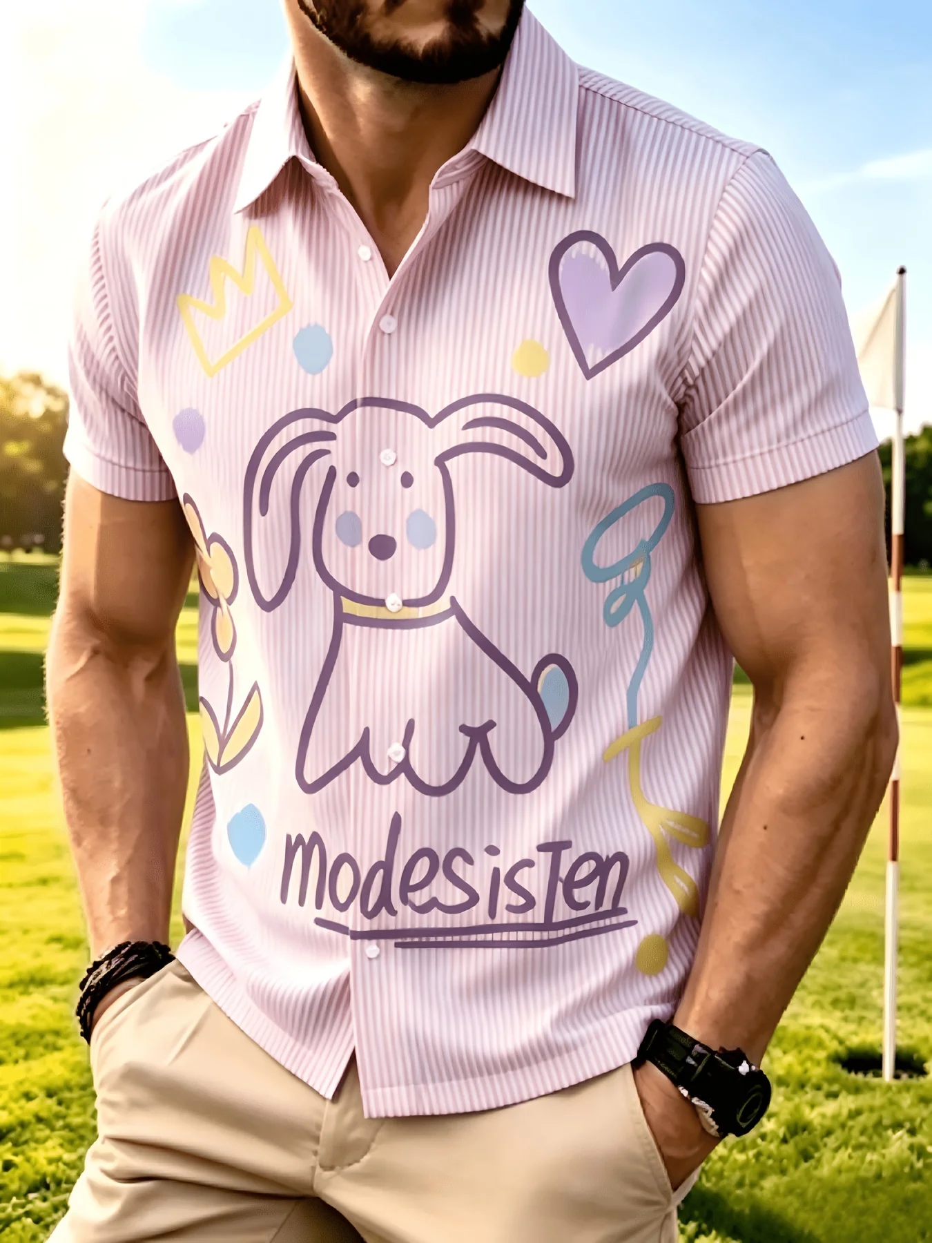 Men Short Sleeve Button Down Shirt Cartoon Dog Graffiti Print Striped Top Polyester Casual Holiday Daily Wear Blouse