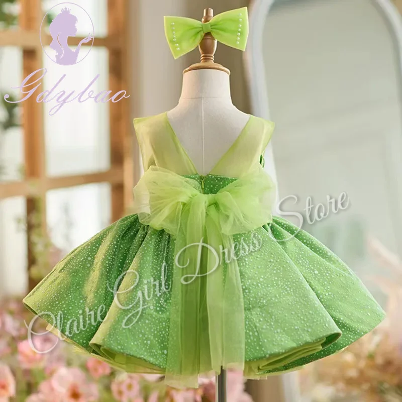 Personalizado Flor Verde Menina Vestidos Para O Casamento Comprimento Do Joelho Sem Mangas Com Arco Crianças Birthday Party Primeira Comunhão Ball Gown