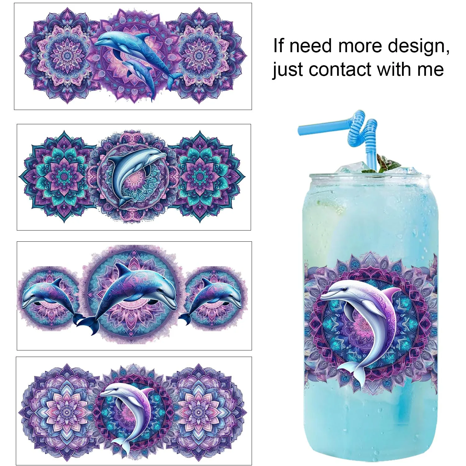 

Mandala Whale Dolphin easy peel waterproof Party DIY Decals 3D transfers uvdtf tumbler seal stickers 16oz uv dtf cup wraps