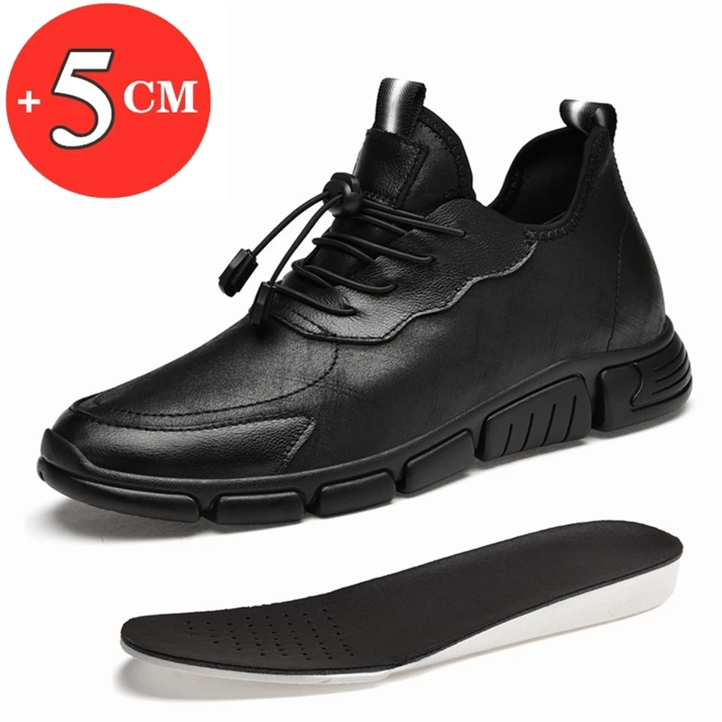 Flat / 5cm Elevator Men Shoes Black Soft Leather Winter Warm Men Moccasins Height Increase Taller Shoes Wedge Chunky Sneakers