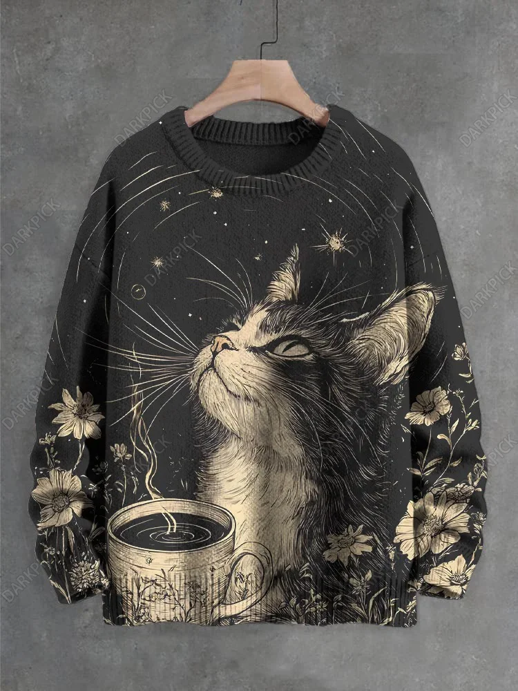 

Women's Cat Drinks Coffee Under The Stars Print Knit Sweatshirt Women For Men Sweater