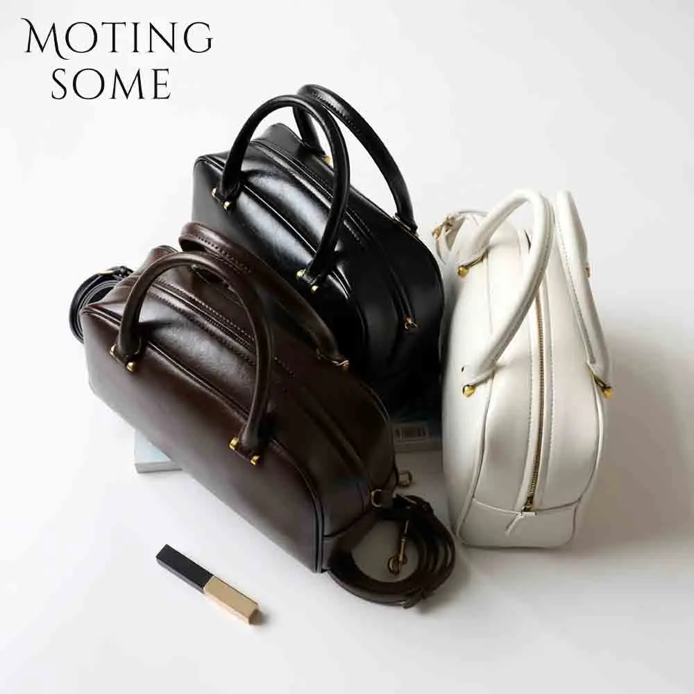 Motingsome Stylish Woman Bowling Bags Boston Purses Luxury Genuine Leather Handbag Pillow Bags Shoulder Retro Satchel Black 2024