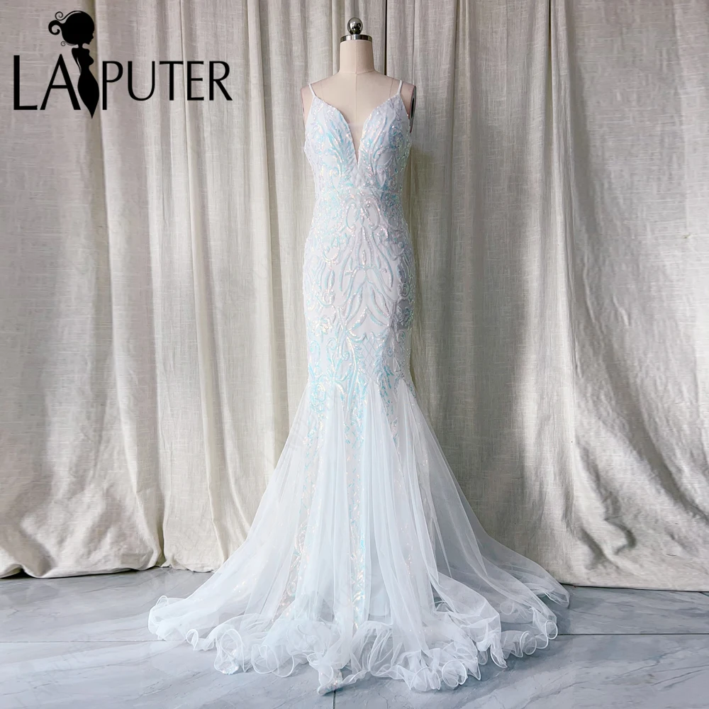 

LAPUTER White Sequin Lace Bridal Wedding Dresses Spaghetti Straps V neck Mermaid Bride Gown Pattern Lace Tulle Bottom Prom Dress