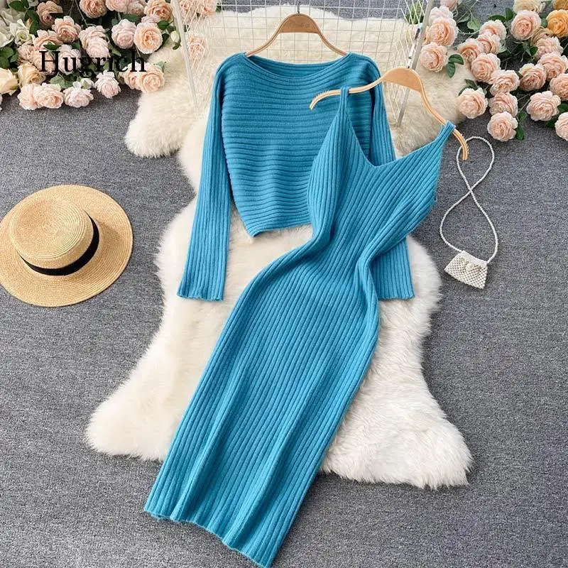 Autumn and Winter New Celebrity Temperament Shawl Cashmere Jacket Female Knitted Pure Desire V-neck Sling Dress Two-piece Suit