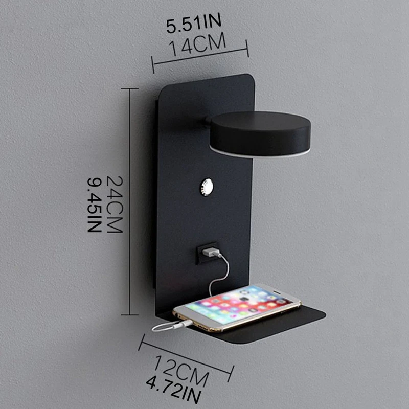 Applique murale de lecture avec port USB, lampe de chevet créative T1 avec interrupteur