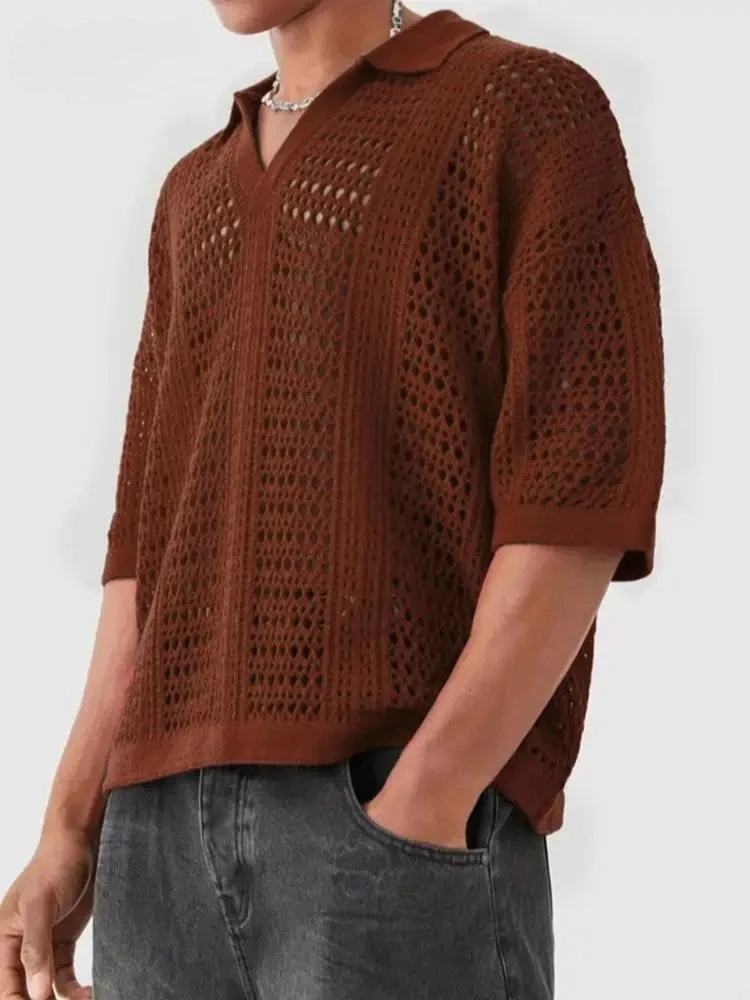 

Лето 2025 г., повседневная мужская сетчатая рубашка-поло, винтажные топы с отложным воротником, мужские вязаные пуловеры с короткими рукавами, поло