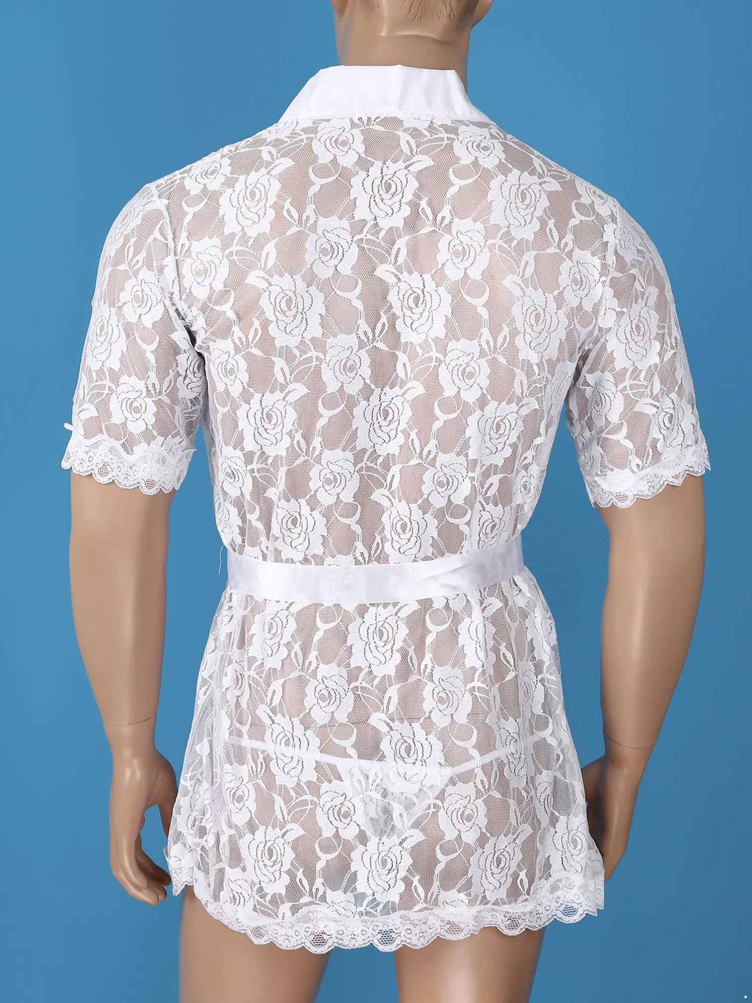 男性のセクシーなレースのナイトガウンシアーホワイトシースルースリープシャツ半袖花刺繍部屋着夏のコンフォートパジャマ